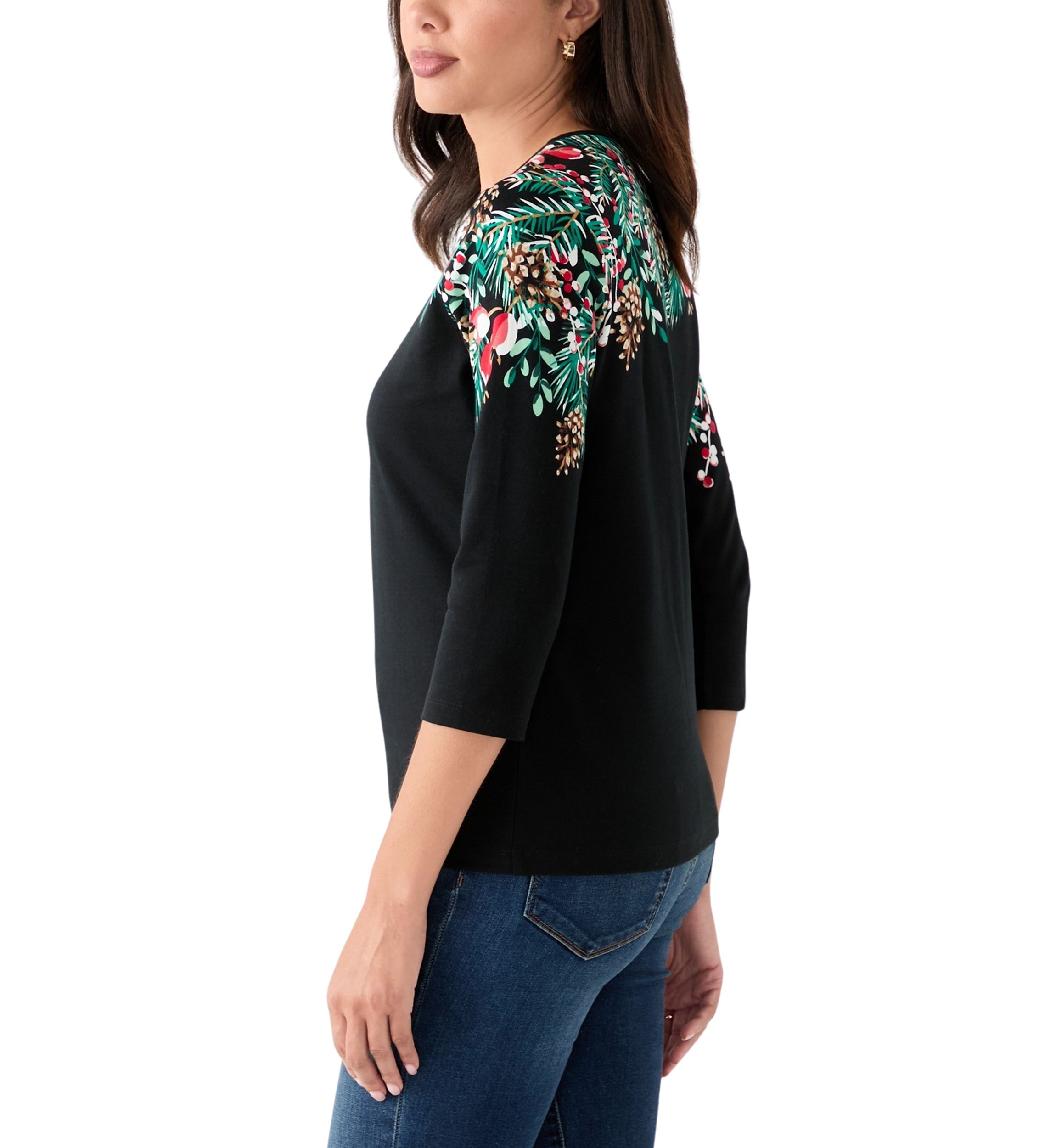 Petite Three-Quarter Sleeve Placement Print Top
