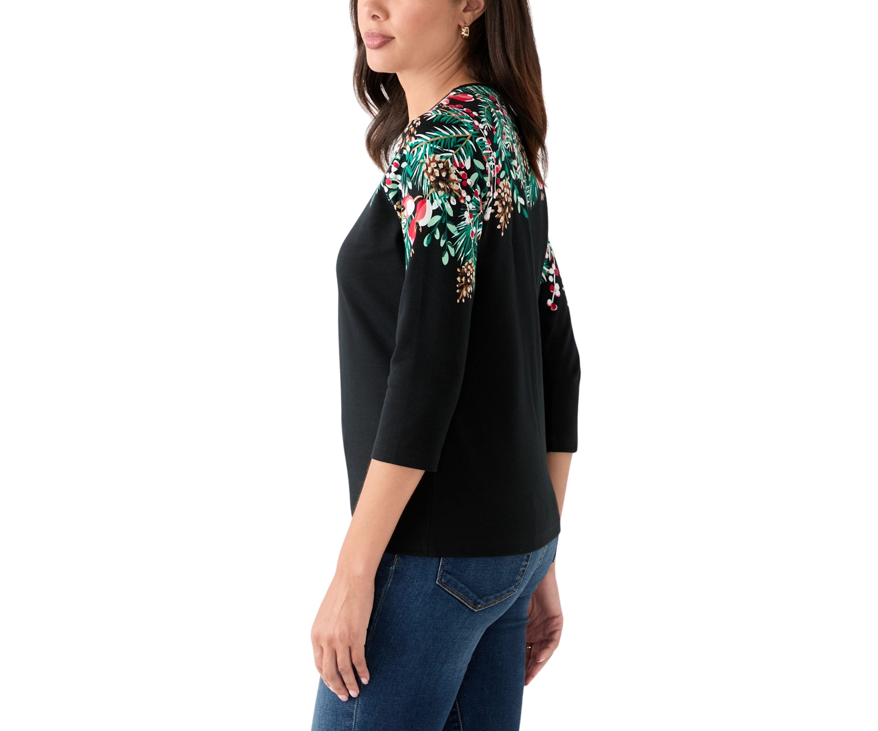 Petite Three-Quarter Sleeve Placement Print Top
