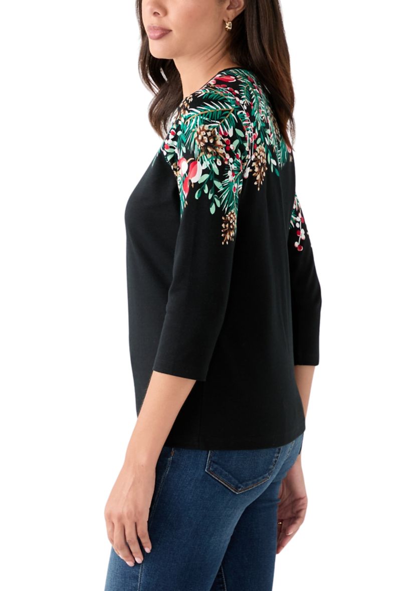 Petite Three-Quarter Sleeve Placement Print Top