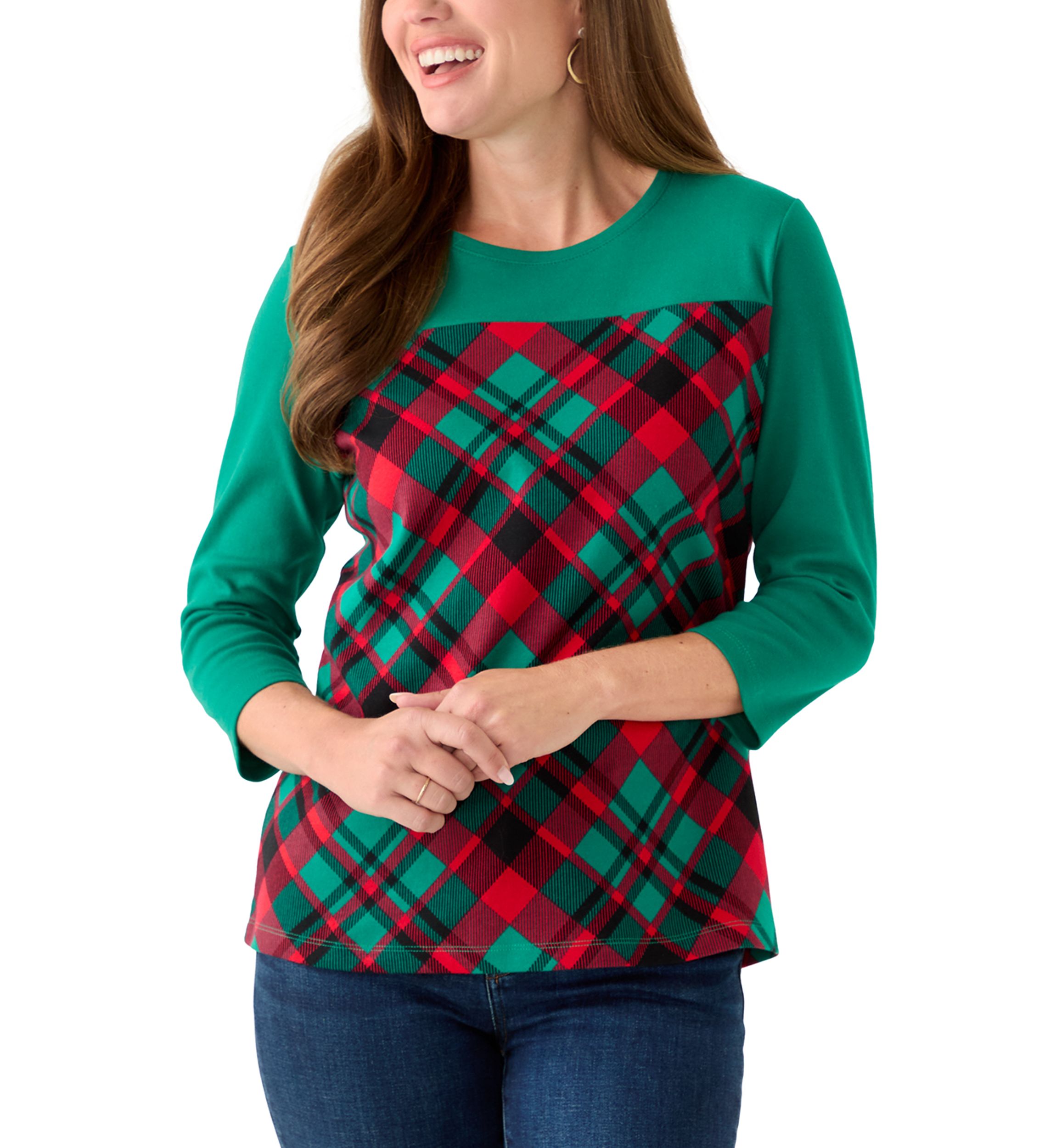 Petite 3/4 Sleeve Crew Neck Pieced Yoke T-Shirt