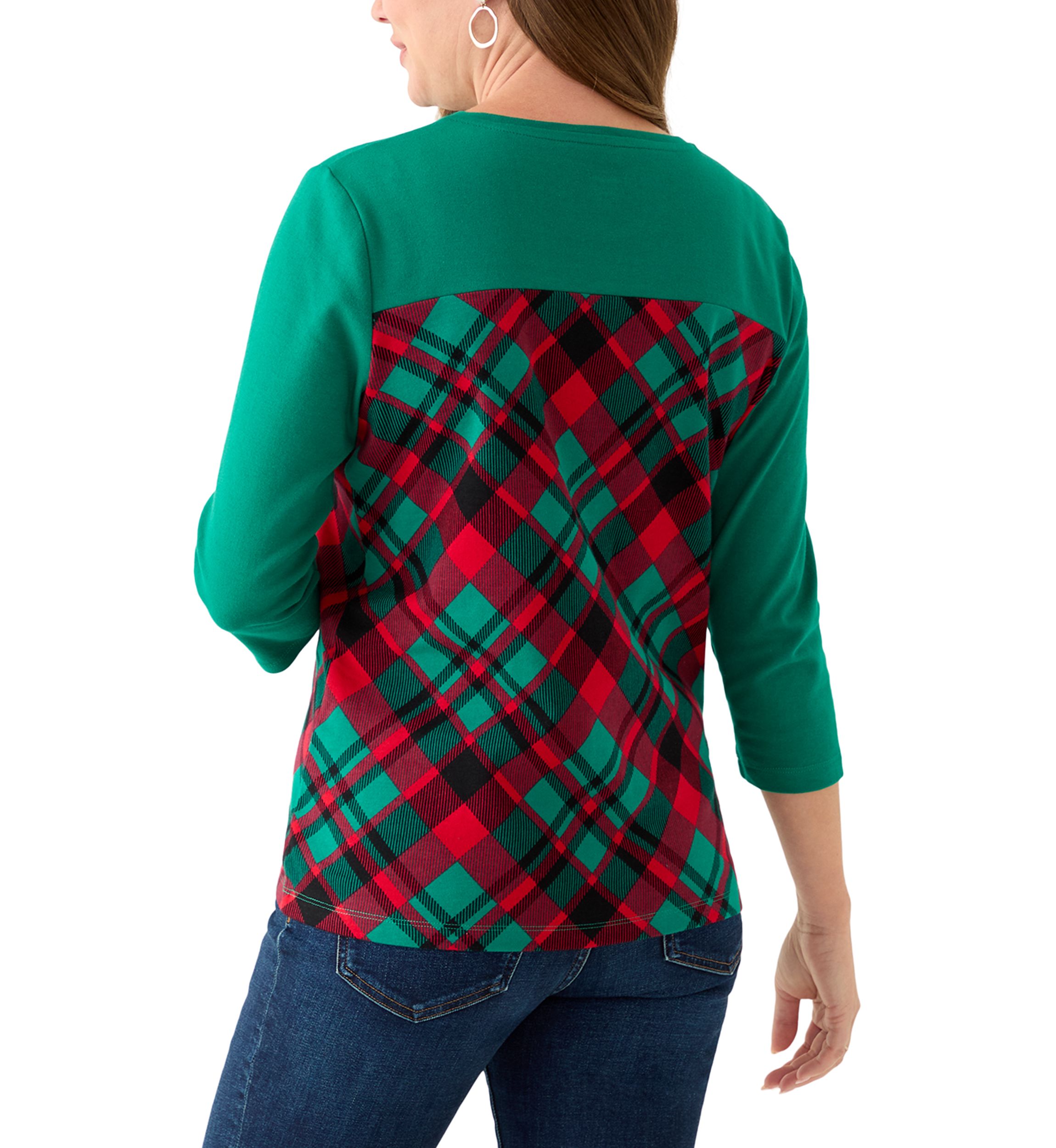 Petite 3/4 Sleeve Crew Neck Pieced Yoke T-Shirt
