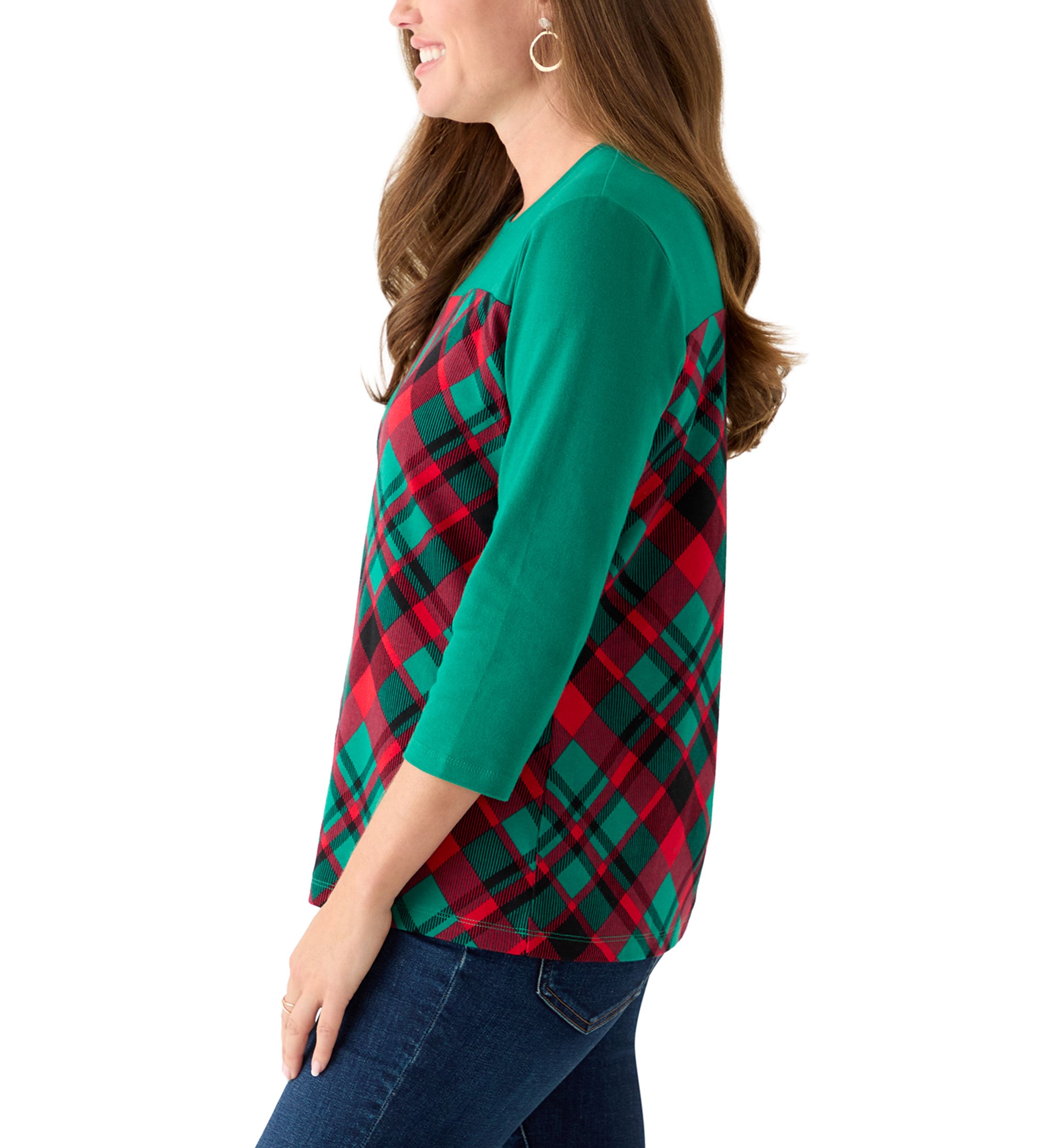 Petite 3/4 Sleeve Crew Neck Pieced Yoke T-Shirt
