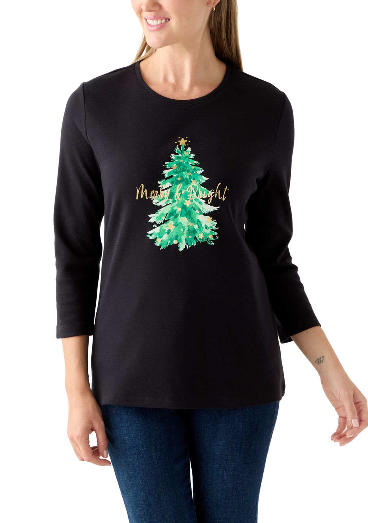Petite Long Sleeve Holiday Graphic T-Shirt