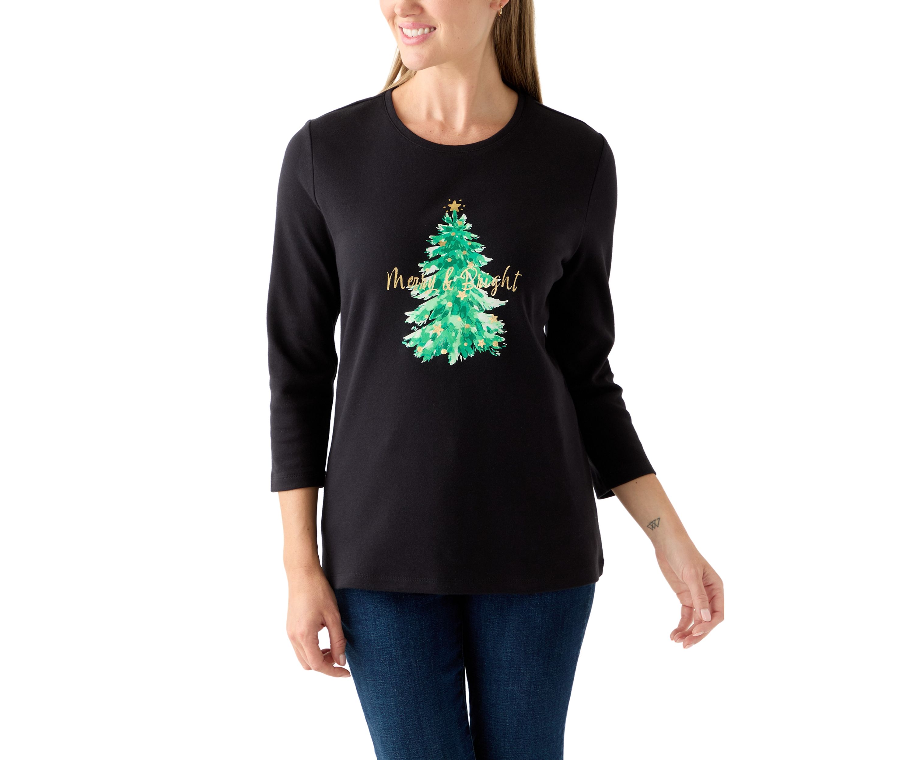 Petite Long Sleeve Holiday Graphic T-Shirt