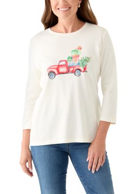 Kim Rogers Women's Petite Long Sleeve Holiday Graphic T-Shirt, Red, PS