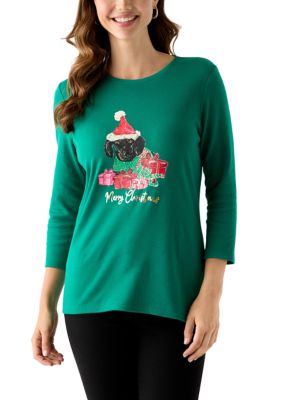 Kim Rogers Women's Petite Long Sleeve Holiday Graphic T-Shirt, PS
