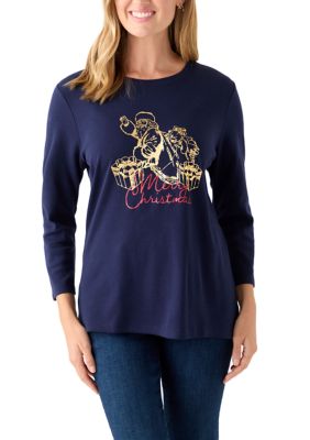 Kim Rogers Women's Petite Long Sleeve Holiday Graphic T-Shirt, Navy Blue, PS