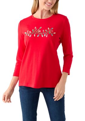 Kim Rogers Women's Petite Long Sleeve Holiday Graphic T-Shirt, Red, PXL