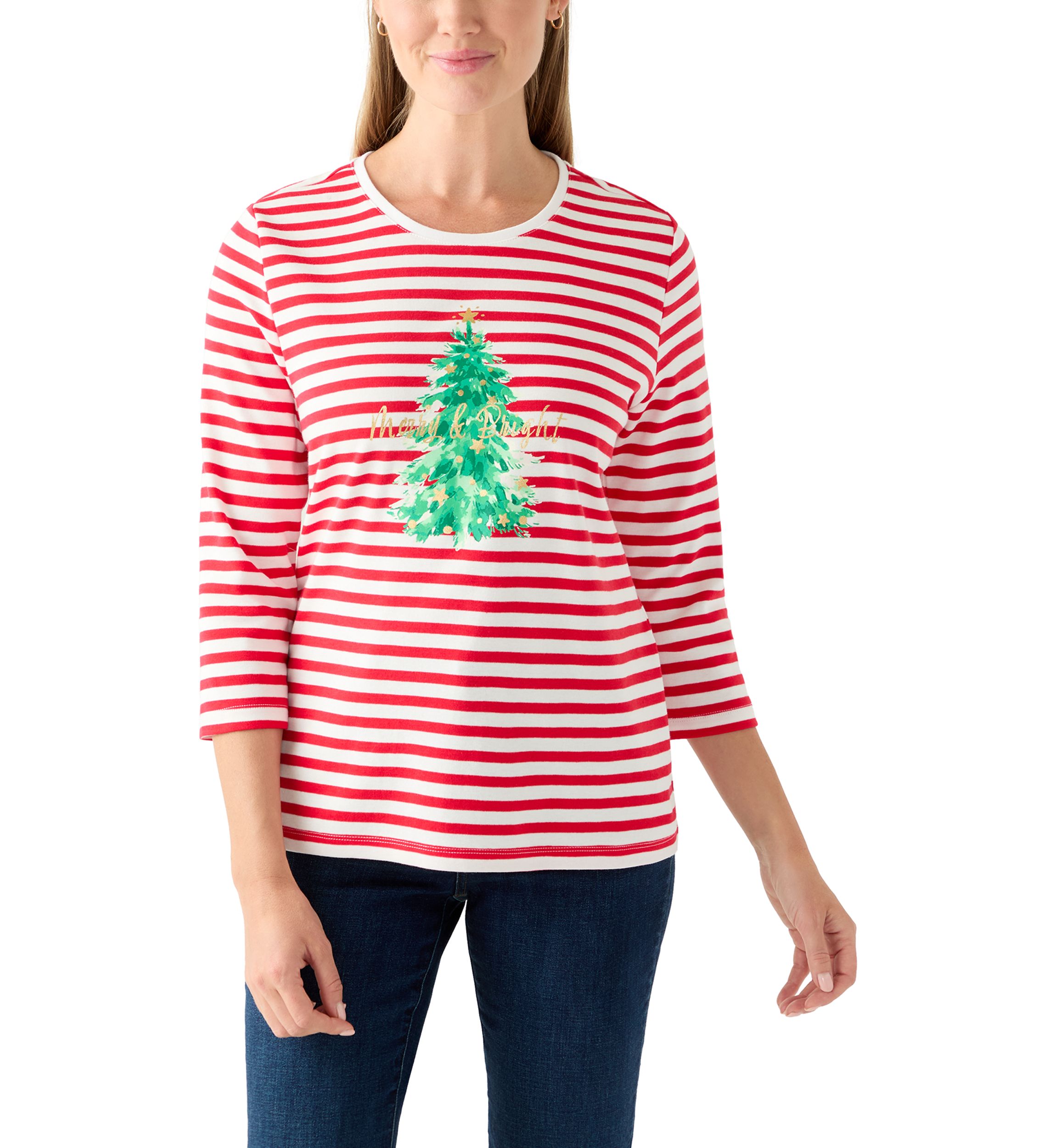 Petite 3/4 Sleeve Stripe Christmas Tree Graphic T-Shirt