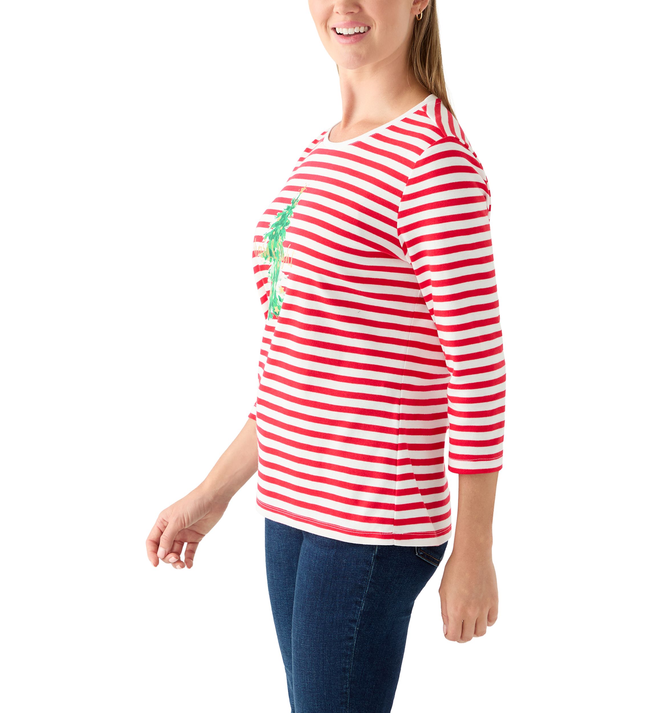 Petite 3/4 Sleeve Stripe Christmas Tree Graphic T-Shirt