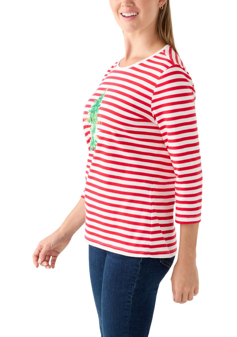 Petite 3/4 Sleeve Stripe Christmas Tree Graphic T-Shirt