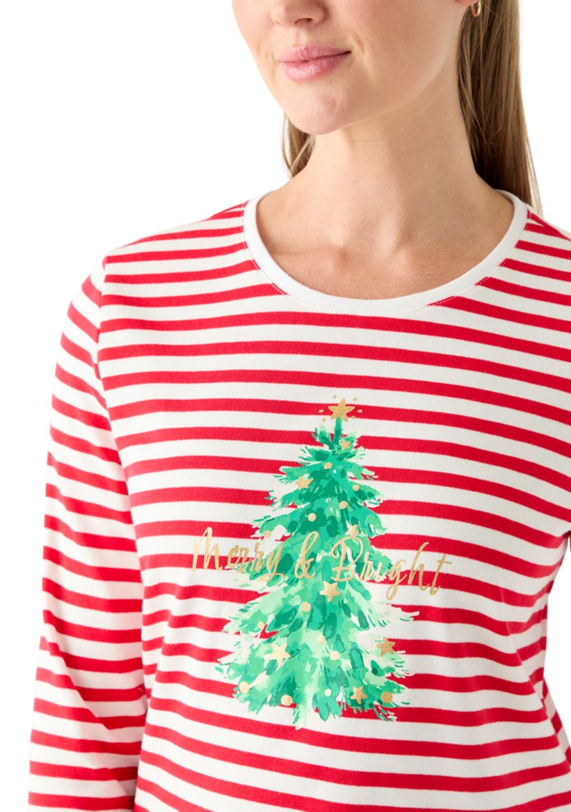 Petite 3/4 Sleeve Stripe Christmas Tree Graphic T-Shirt