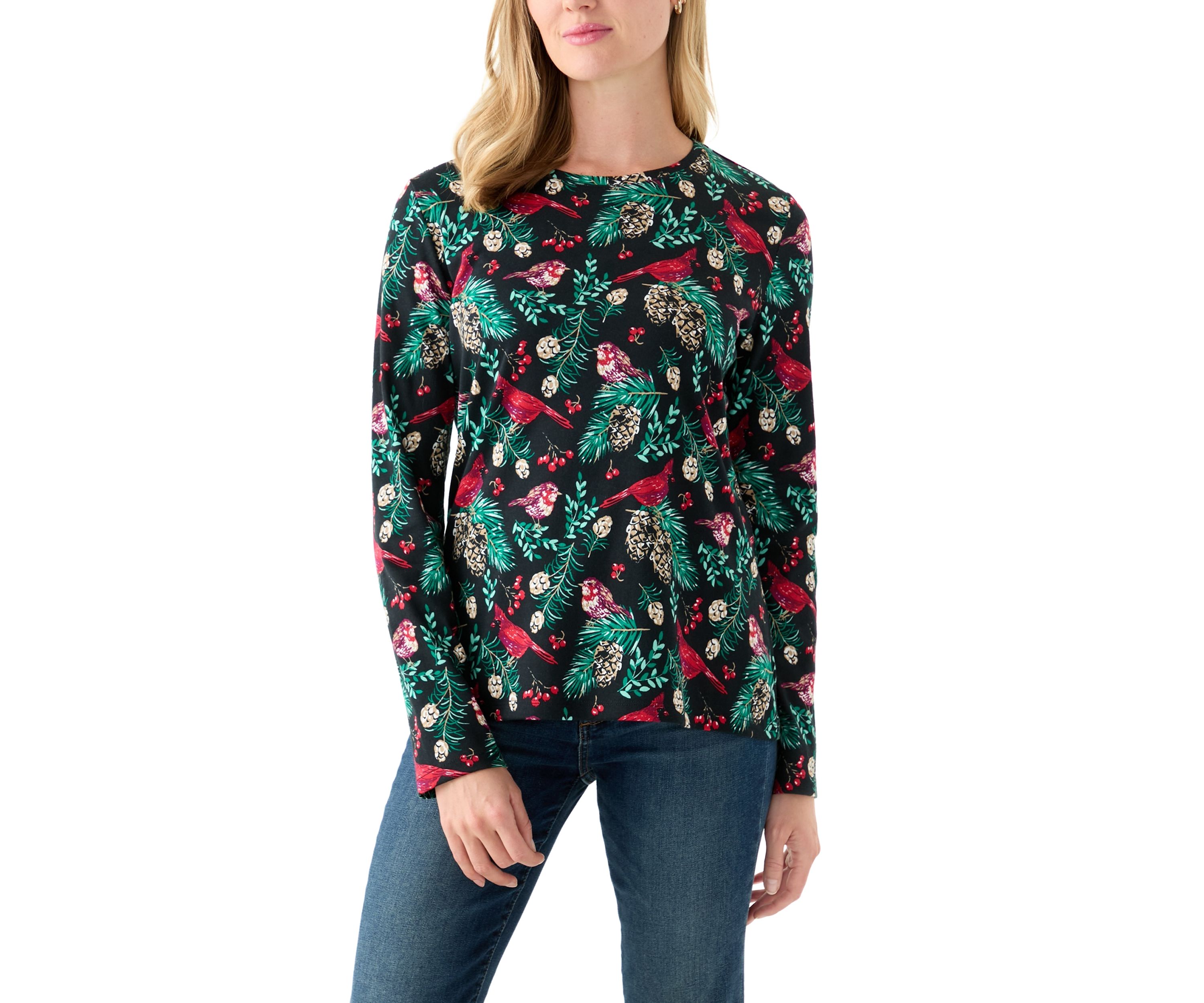 Petite Long Sleeve Crew Neck Printed Top