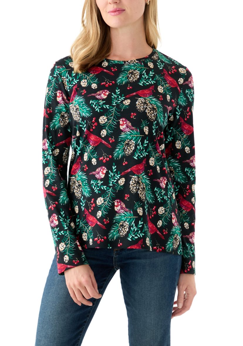 Petite Long Sleeve Crew Neck Printed Top