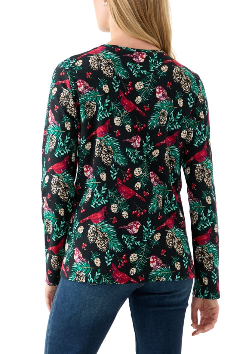 Petite Long Sleeve Crew Neck Printed Top