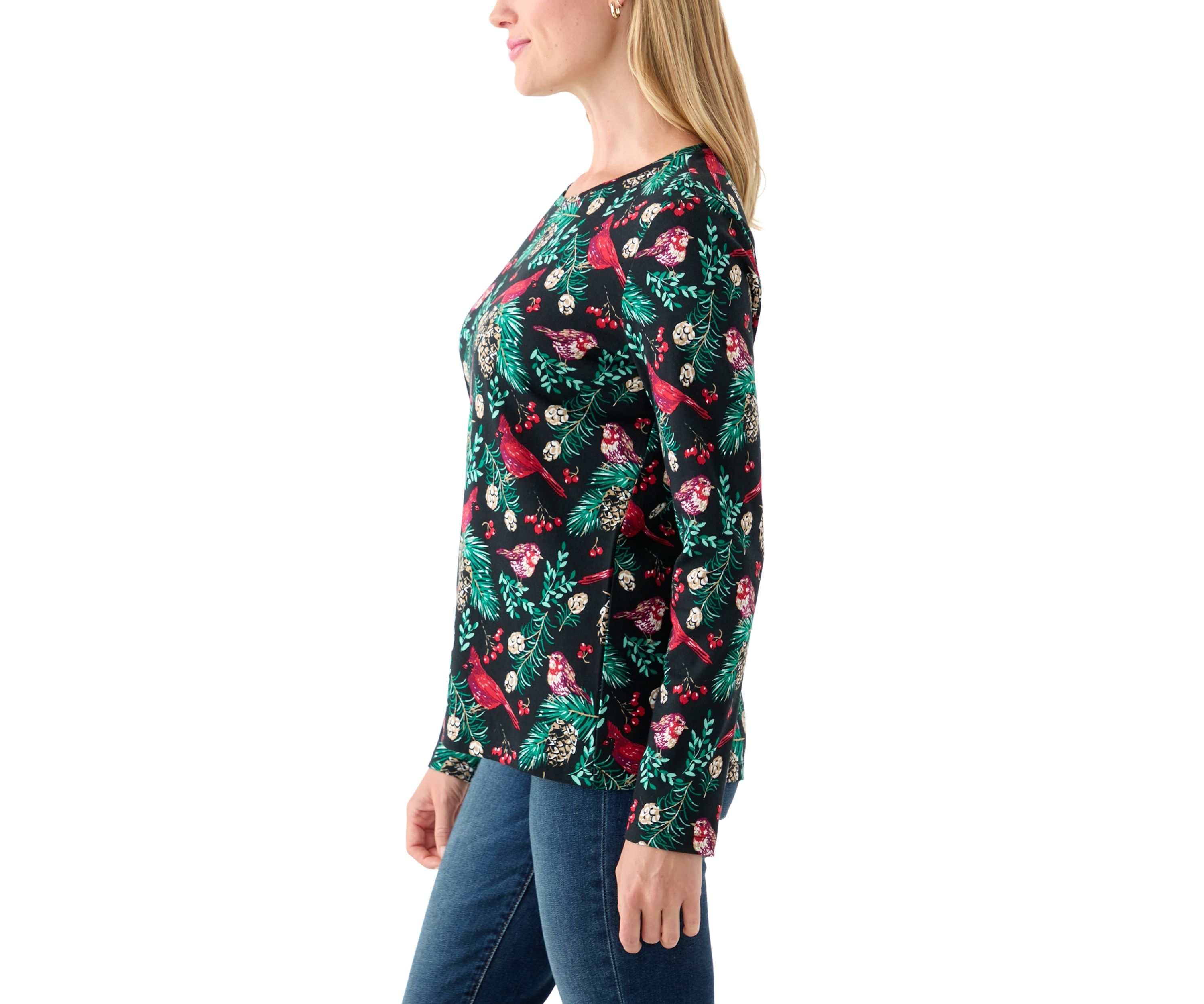 Petite Long Sleeve Crew Neck Printed Top