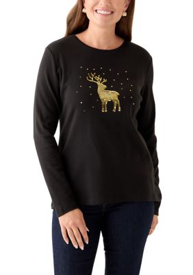 Kim Rogers Women's Petite Long Sleeve Holiday Graphic T-Shirt, Gold, PS