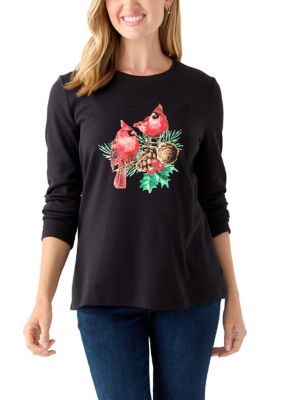 Kim Rogers Women's Petite Long Sleeve Holiday Graphic T-Shirt, Black, PS
