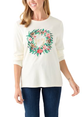 Kim Rogers Women's Petite Long Sleeve Holiday Graphic T-Shirt, Ivory, PS