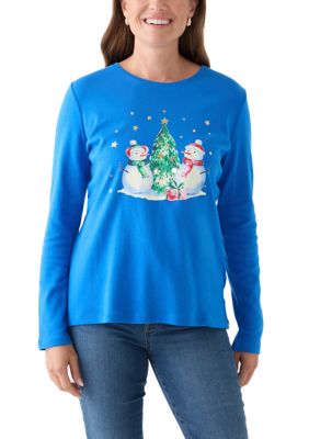 Kim Rogers Women's Petite Long Sleeve Holiday Graphic T-Shirt, Blue, PS