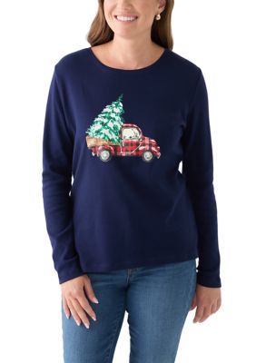 Kim Rogers Women's Petite Long Sleeve Holiday Graphic T-Shirt, Red, PS