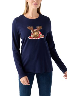 Kim Rogers Women's Petite Long Sleeve Holiday Graphic T-Shirt, Navy Blue, PS