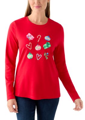 Kim Rogers Women's Petite Long Sleeve Holiday Graphic T-Shirt, Red, PS