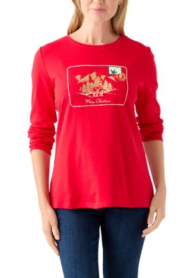 Kim Rogers Women's Petite Long Sleeve Holiday Graphic T-Shirt, Red, PXL