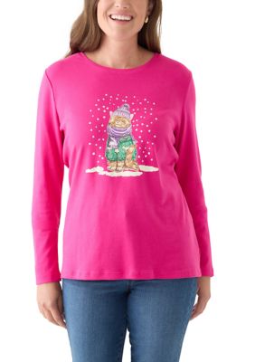 Kim Rogers Women's Petite Long Sleeve Holiday Graphic T-Shirt, Pink, PS