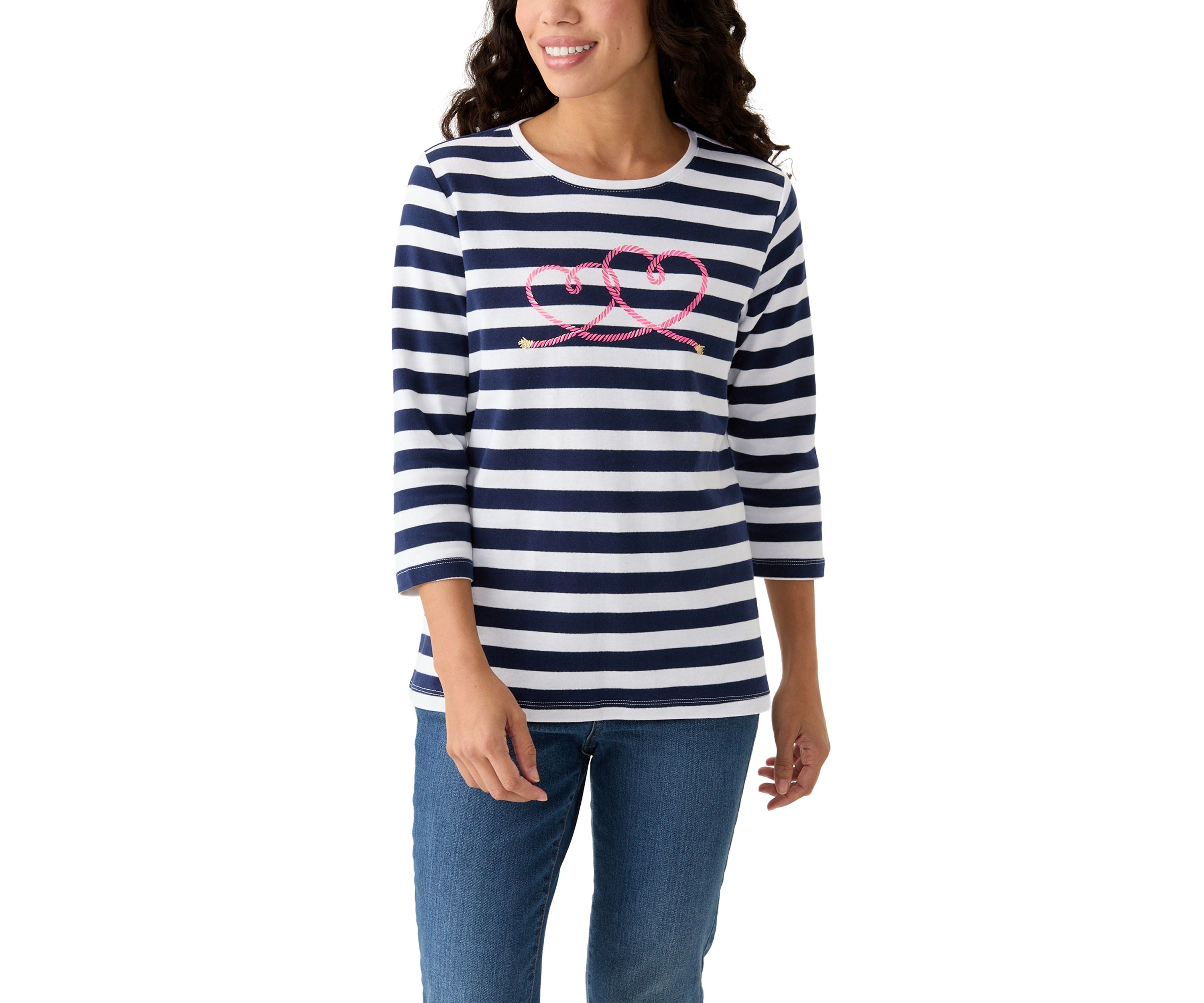 Petite 3/4 Sleeve Striped Graphic T-Shirt