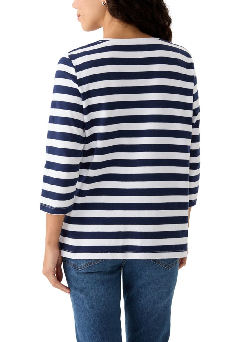 Petite 3/4 Sleeve Striped Graphic T-Shirt