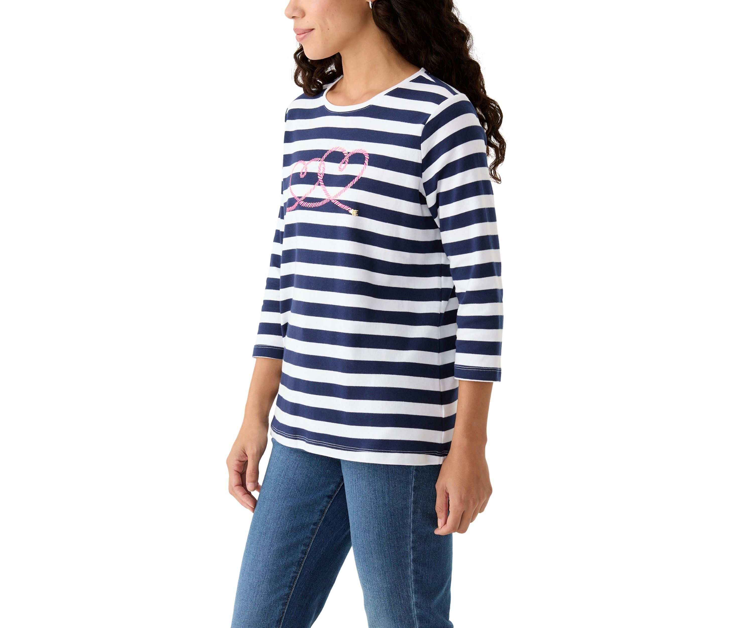 Petite 3/4 Sleeve Striped Graphic T-Shirt
