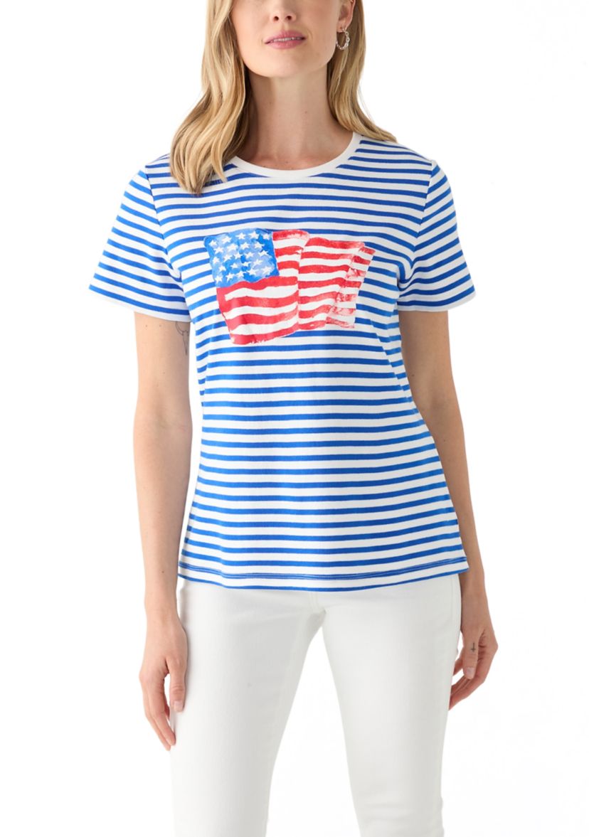 Petite Short Sleeve Striped Americana Flag Graphic T-Shirt