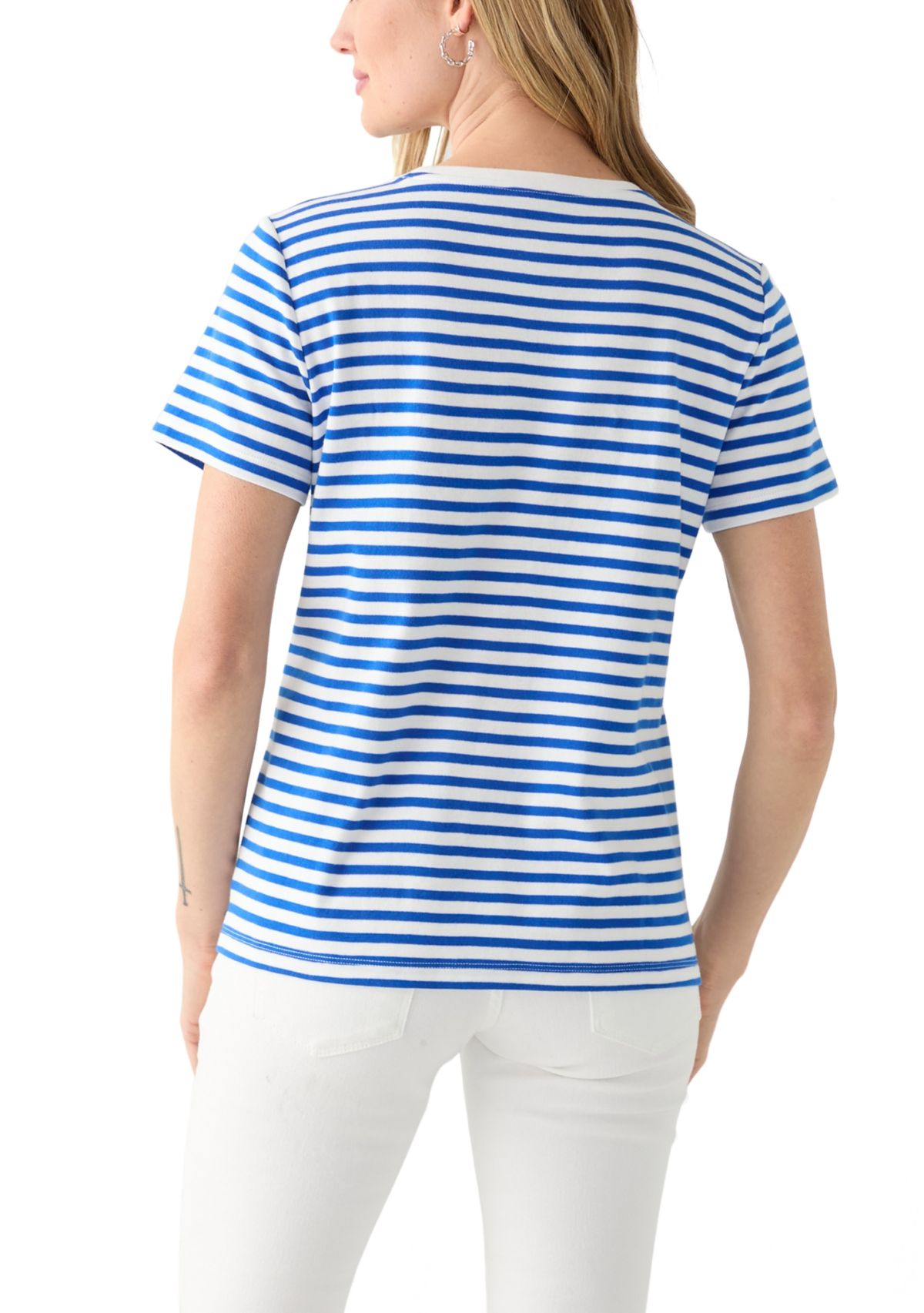 Petite Short Sleeve Striped Americana Flag Graphic T-Shirt