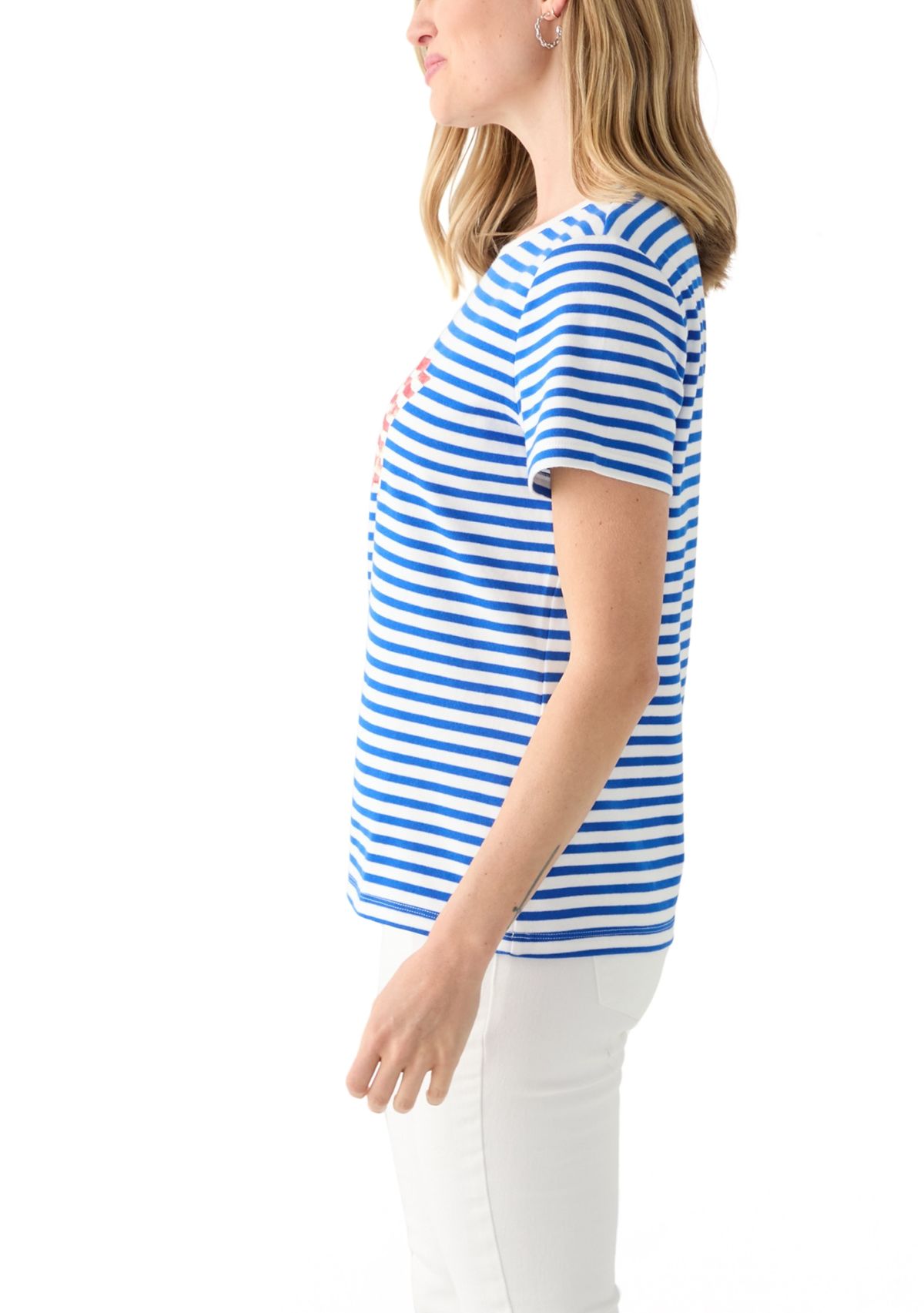 Petite Short Sleeve Striped Americana Flag Graphic T-Shirt