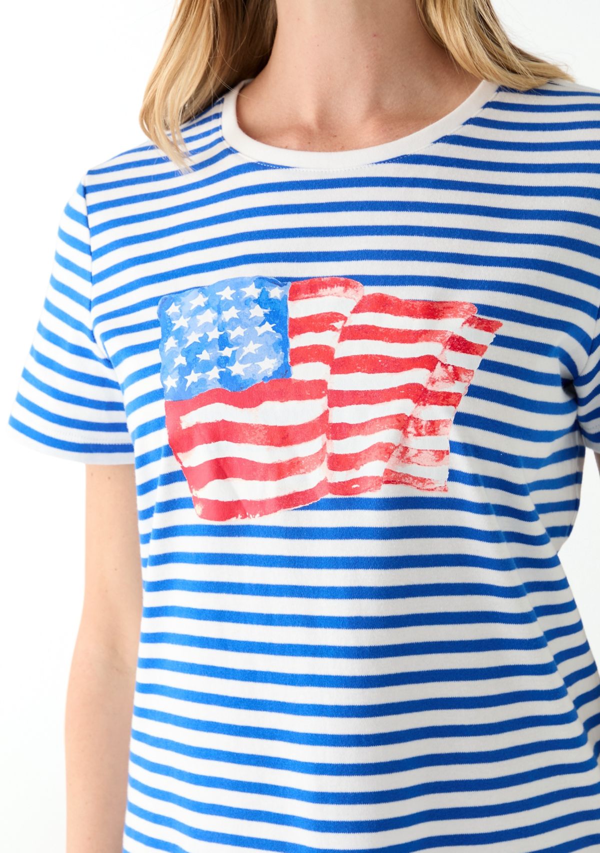Petite Short Sleeve Striped Americana Flag Graphic T-Shirt