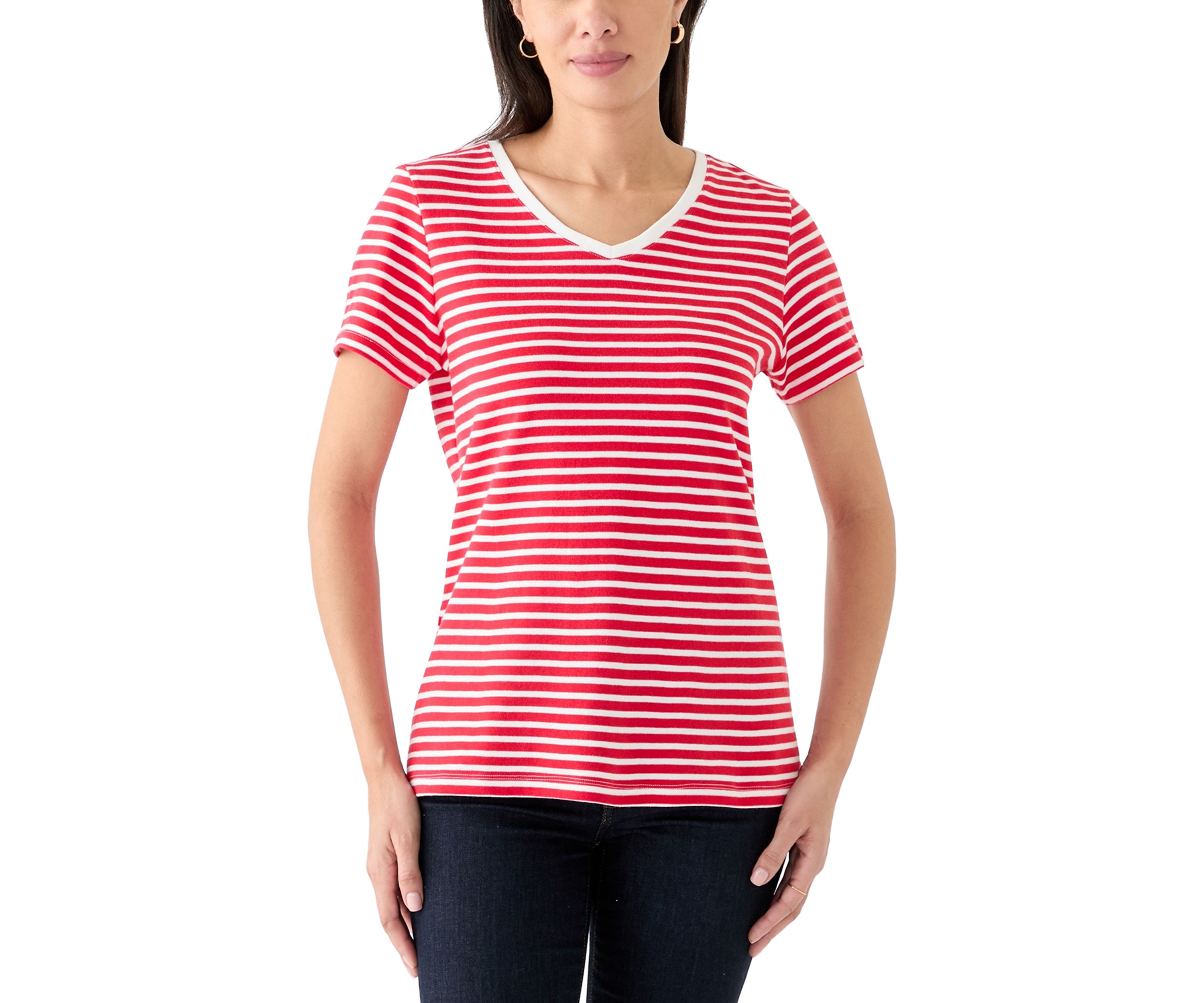 Petite Short Sleeve V-Neck Striped T-Shirt