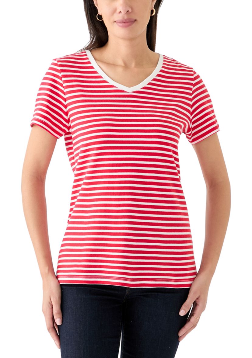 Petite Short Sleeve V-Neck Striped T-Shirt