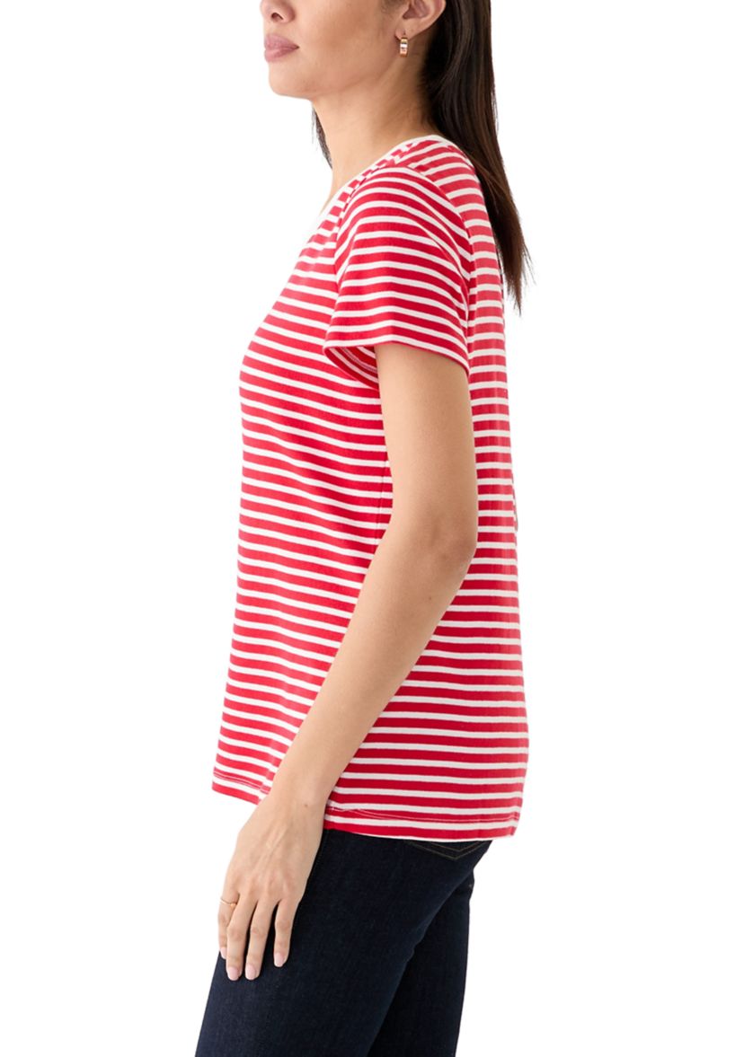 Petite Short Sleeve V-Neck Striped T-Shirt
