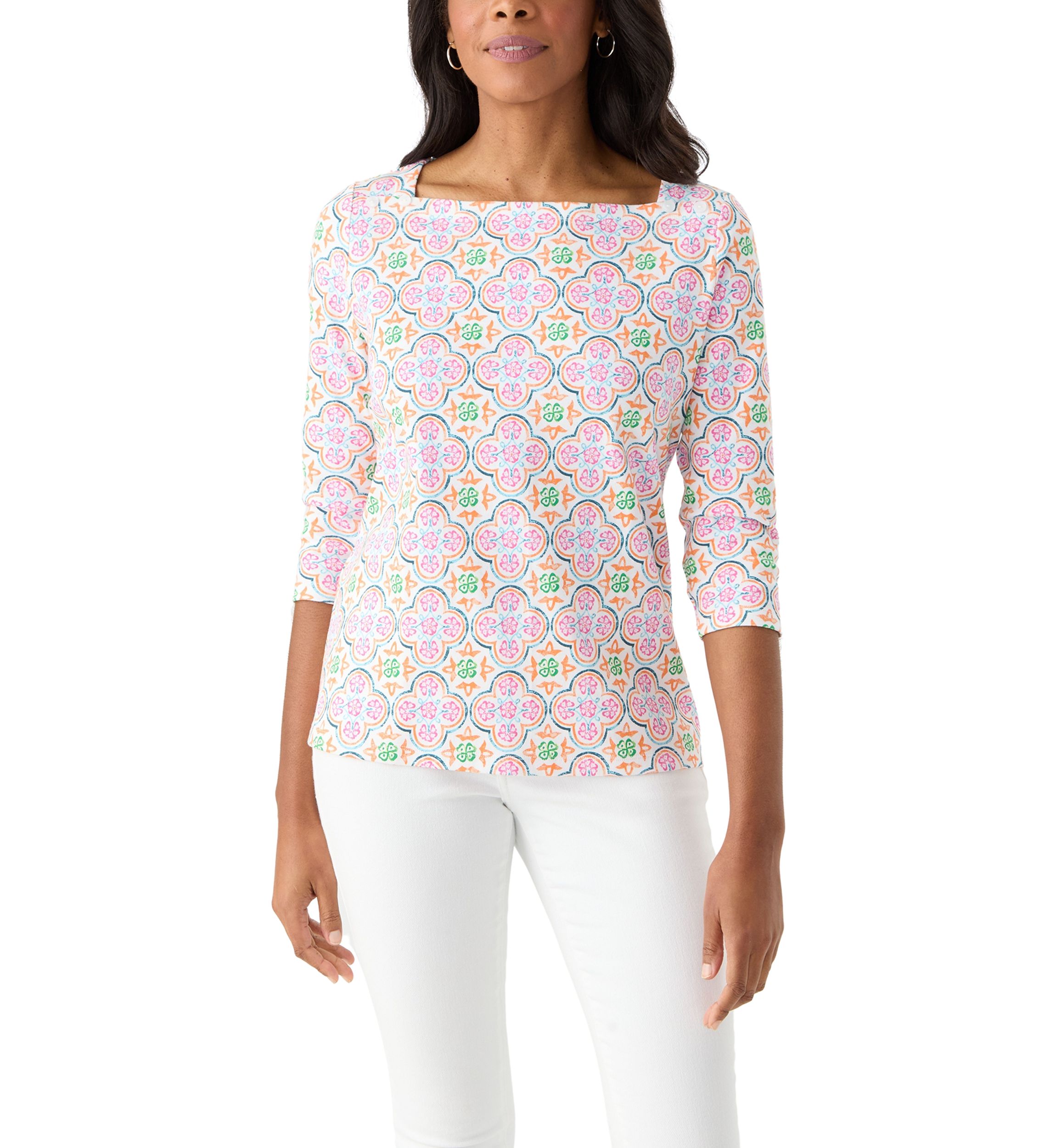 Petite 3/4 Sleeve Square Neck Trim Print T-Shirt 