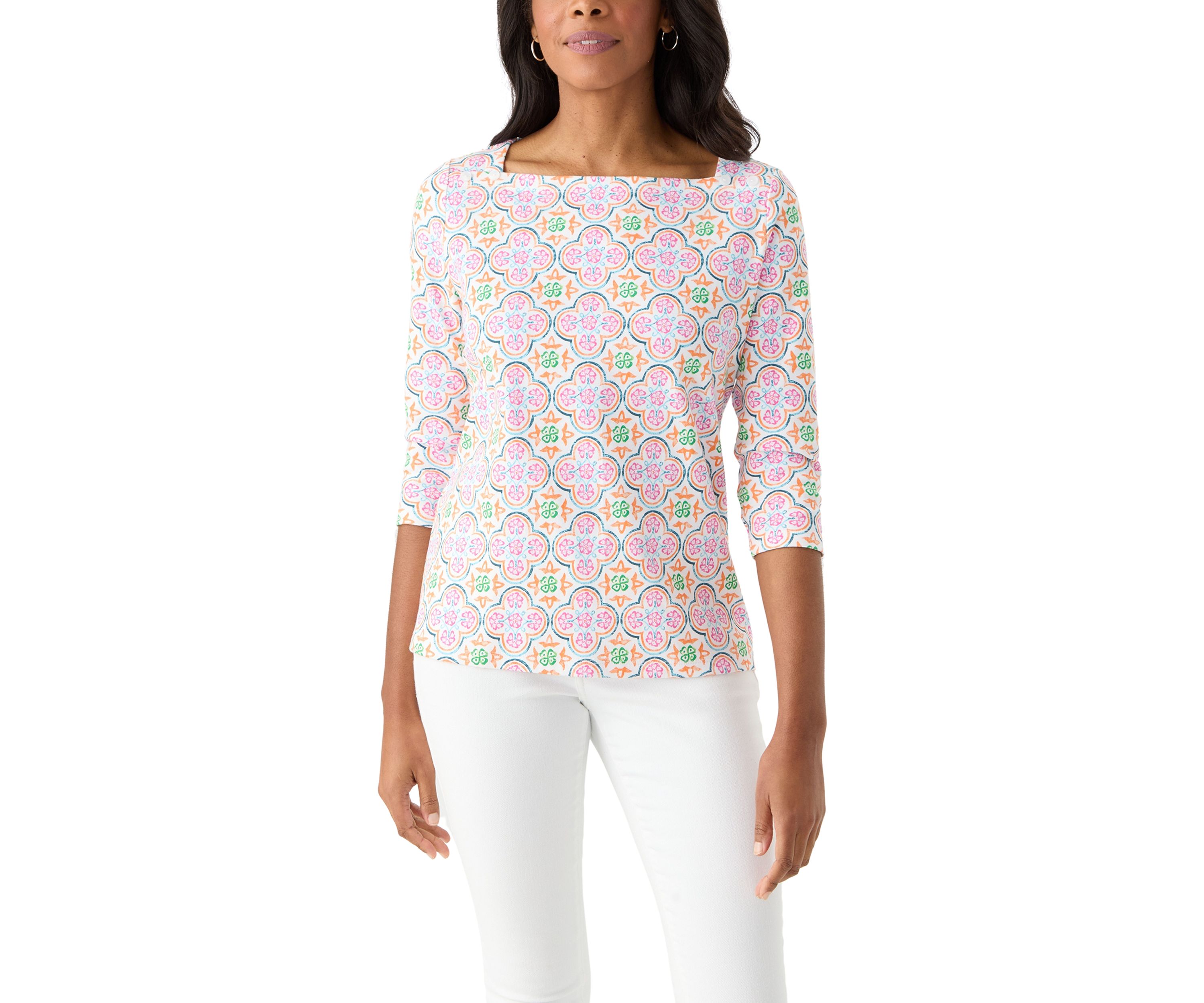 Petite 3/4 Sleeve Square Neck Trim Print T-Shirt 