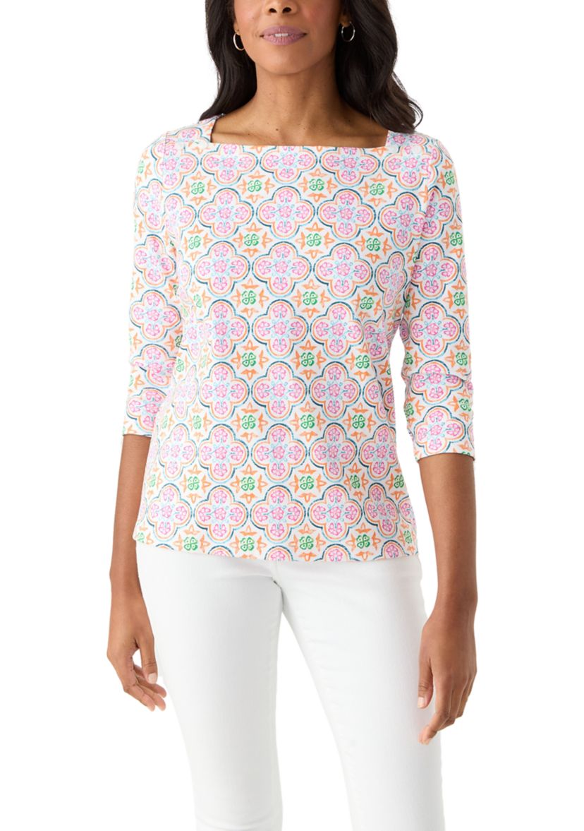 Petite 3/4 Sleeve Square Neck Trim Print T-Shirt 