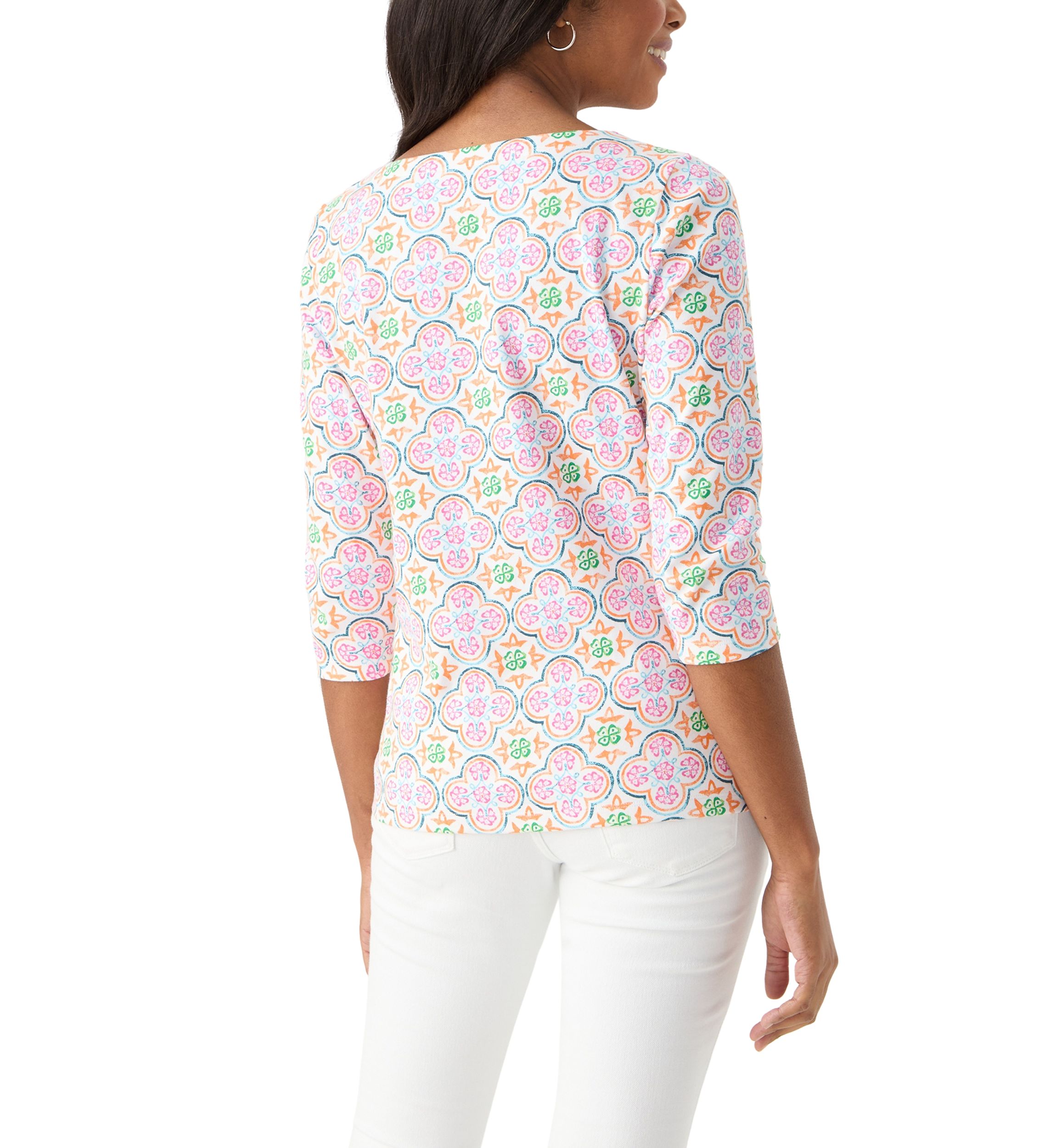 Petite 3/4 Sleeve Square Neck Trim Print T-Shirt 