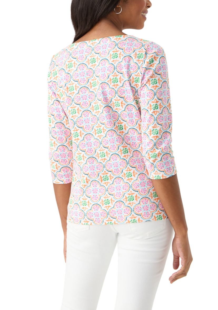 Petite 3/4 Sleeve Square Neck Trim Print T-Shirt 
