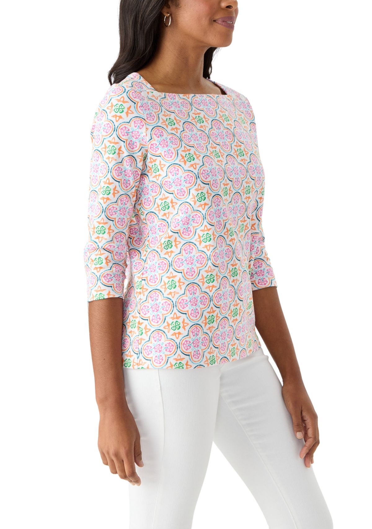 Petite 3/4 Sleeve Square Neck Trim Print T-Shirt 