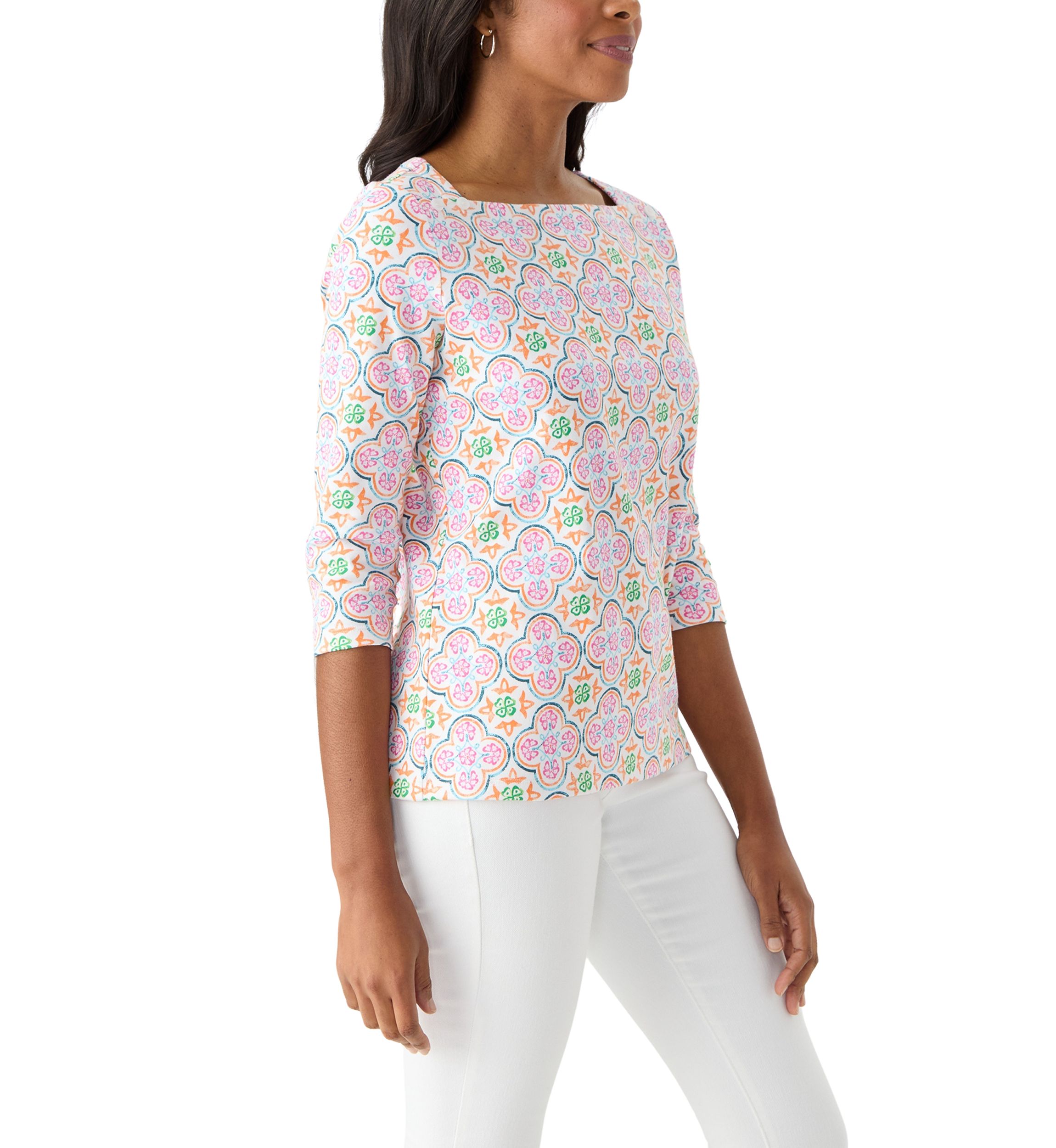 Petite 3/4 Sleeve Square Neck Trim Print T-Shirt 