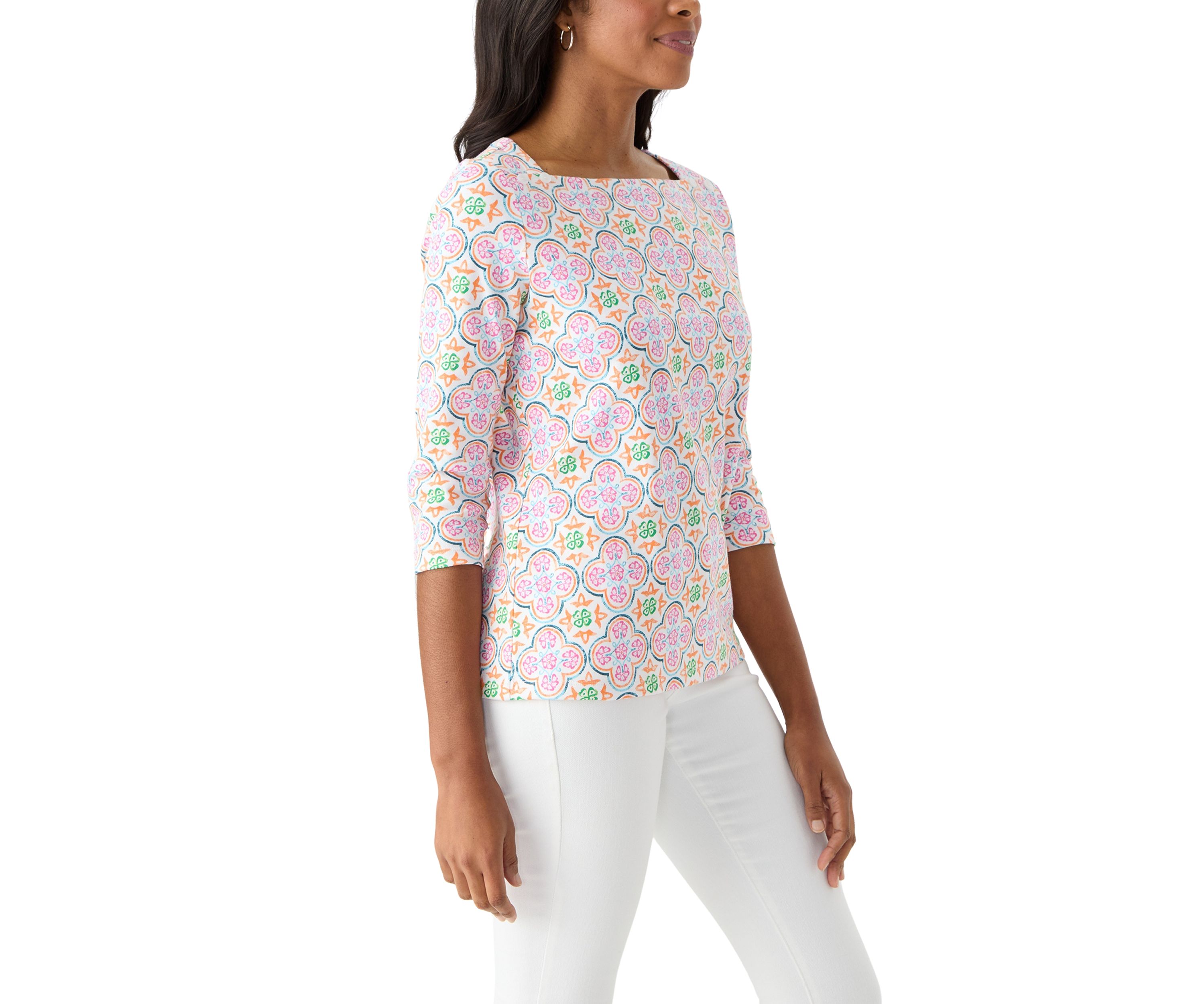 Petite 3/4 Sleeve Square Neck Trim Print T-Shirt 
