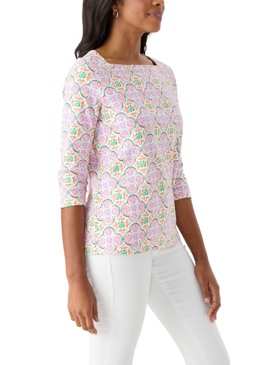 Petite 3/4 Sleeve Square Neck Trim Print T-Shirt 