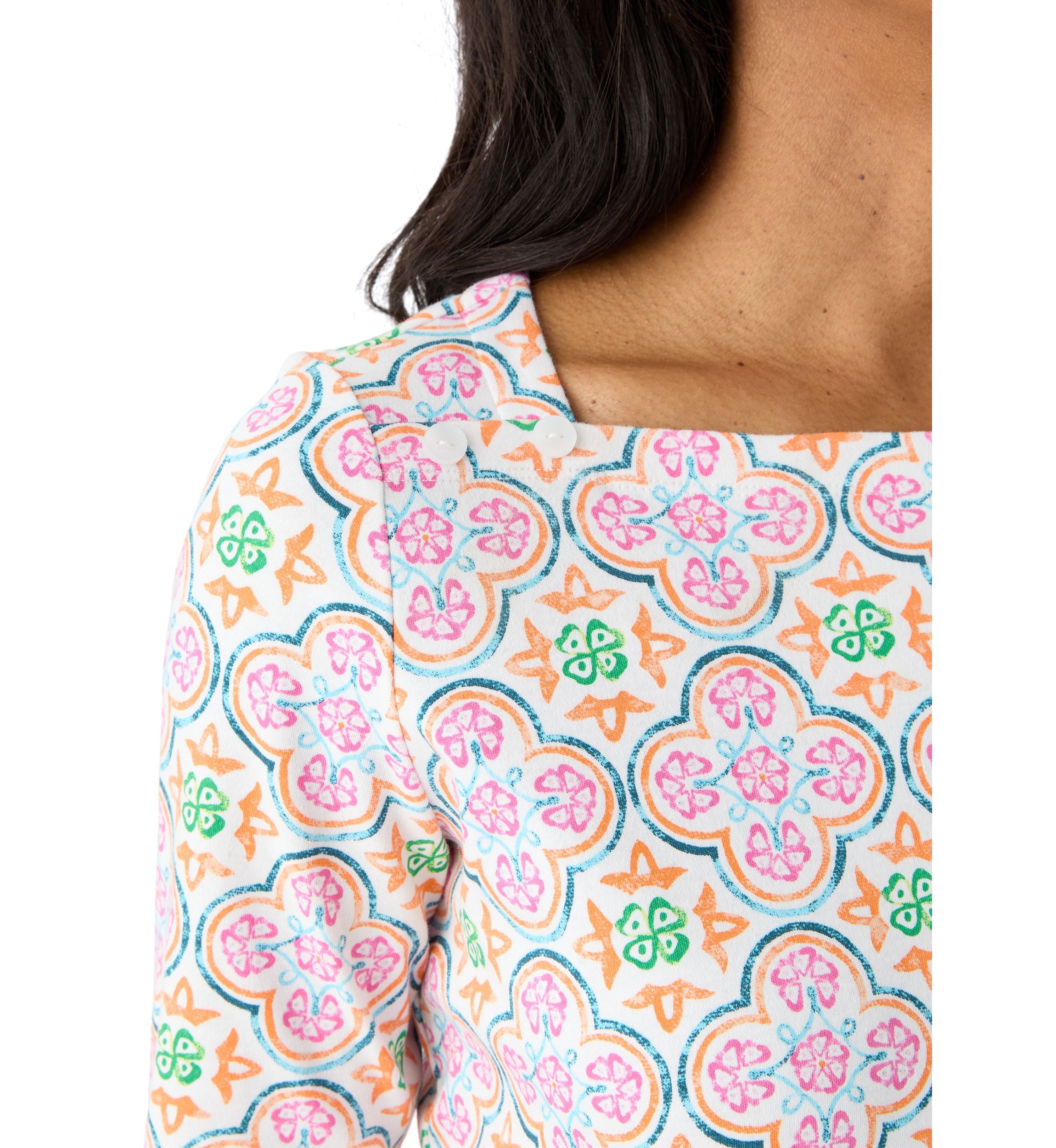 Petite 3/4 Sleeve Square Neck Trim Print T-Shirt 