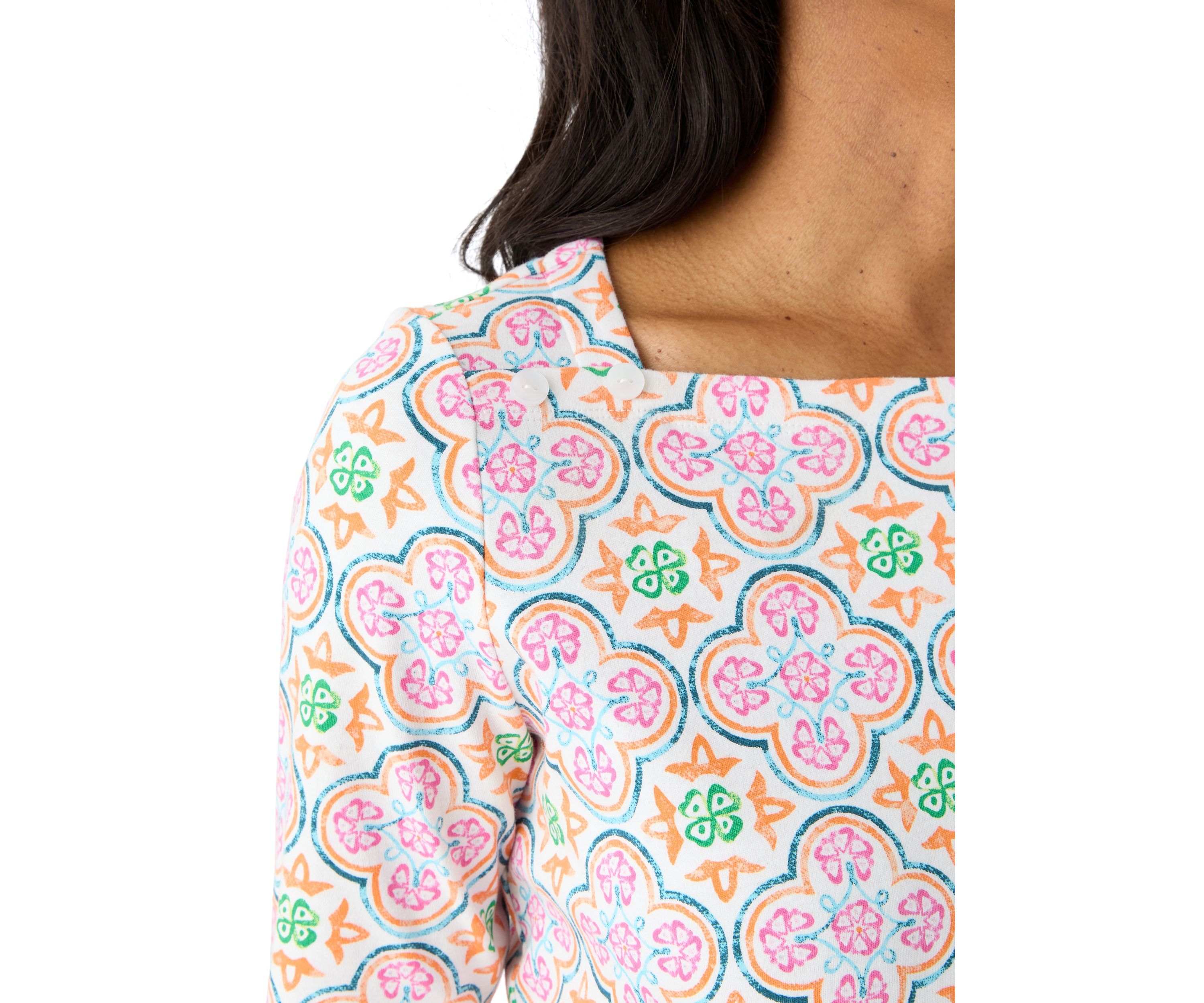Petite 3/4 Sleeve Square Neck Trim Print T-Shirt 